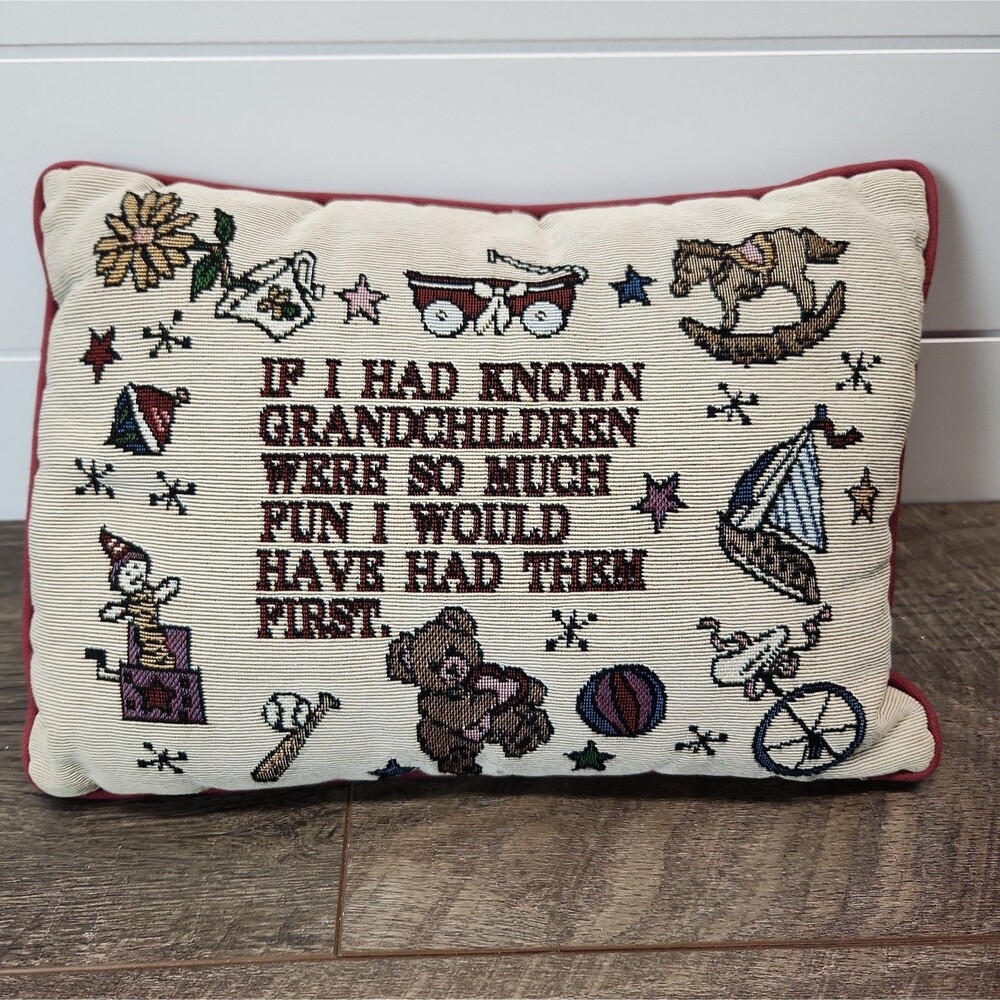 Vintage Tapestry Needlepoint Pillow Grandchildren Ivory And Maroon